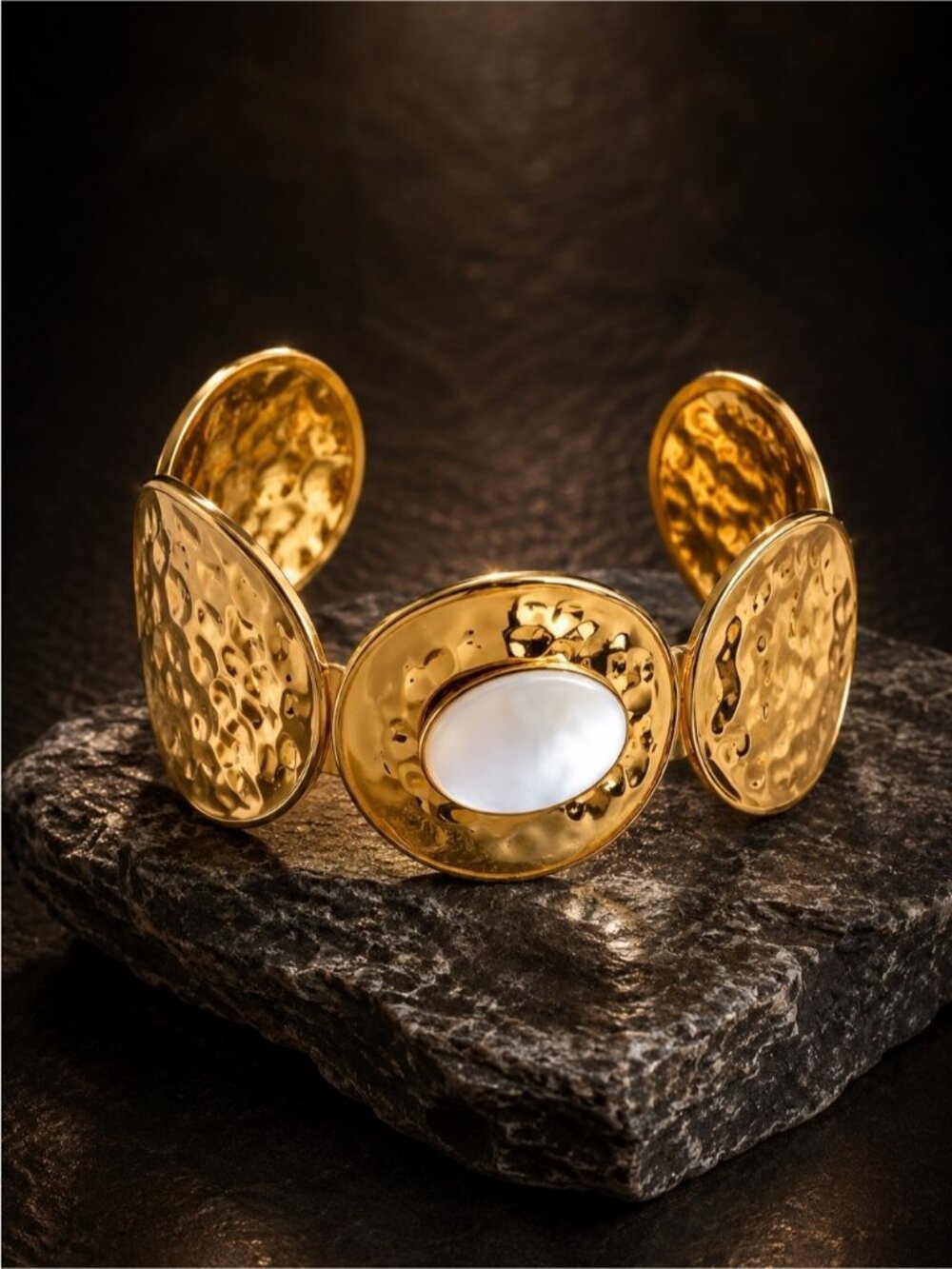 Gold Tone Cuff Bracelet with White Mother-of-Pearl Center